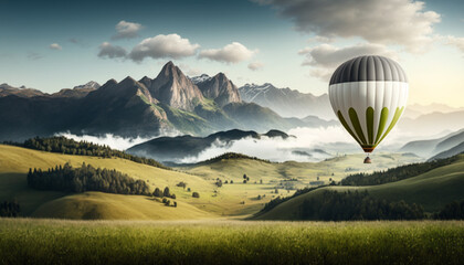 Big balloon over green grass, mountains, thick white morning fog