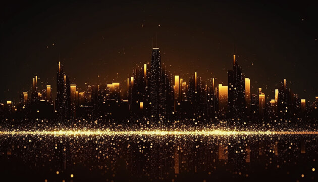 Golden particles of a digital night city on a black background
