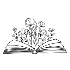 Book with flowers. Floral book. Opened book and wildflowers. Reading books lovers. Outline drawing. Line vector illustration. Isolated on white background. 