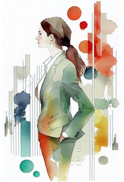 	
A business woman silhouette and stock charts, abstract watercolor illustration. Generative art