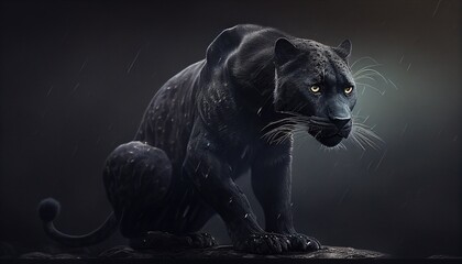 Majestic black panther hunting in the rain. photorealistic generative art - obrazy, fototapety, plakaty