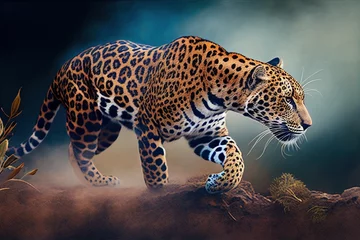 Foto op Plexiglas Majestic jaguar or leopard sneaking in the clouds of dust. photorealistic generative art © Cheport