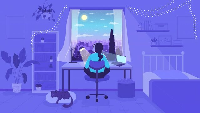 Animated studying lo fi background. Late night homework. 2D cartoon character animation with nighttime cozy bedroom interior on background. 4K video footage with alpha channel for lofi music aesthetic