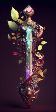 Sword in the stone excalibur, illustration of Magical sword reclaimed by nature in the stone with light rays in a dark forest. generative AI
