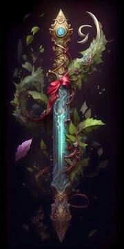 Sword in the stone excalibur, illustration of Magical sword reclaimed by nature in the stone with light rays in a dark forest. generative AI
