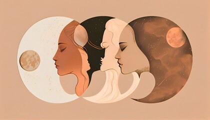 illustration of an background with three phases of the moon goddess, generative ai, the Maiden, the Mother, and the Crone