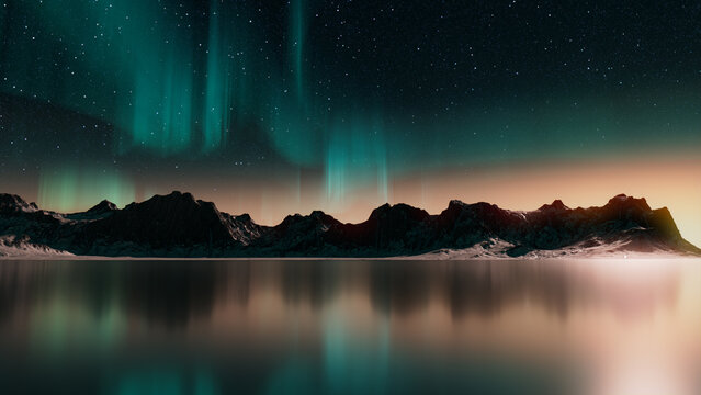 Winter Mountains with Aurora Borealis. Green Sky Background with copy-space.