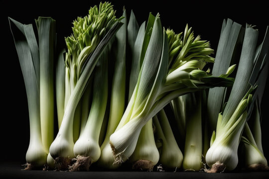 Premium Close up shot of Leeks. Vegetarian themed, healthy produce concept. Generative AI.