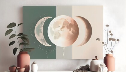 modern living interior, theme of luna illustration, magic triple phase of moon,  astrology esoteric background, generative ai, sign of goddess and witchcraft, simple bohemian style art