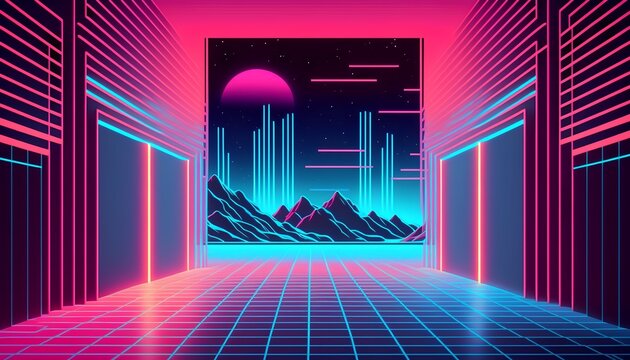 This vibrant fashion stock image features a futuristic, vaporwave inspired look with pink and neon accents. Generative AI