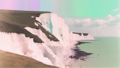 white cliffs by the ocean, generative ai art, flat art with pastel colours