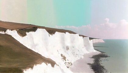 white cliffs by the ocean, generative ai art, flat art with pastel colours