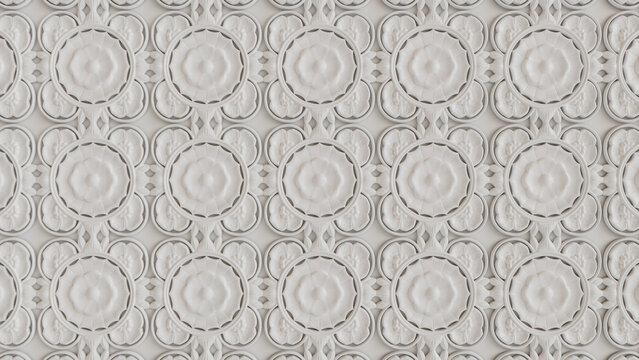 White 3D Rosette Pattern Background. Classical Light Ornate Wallpaper.
