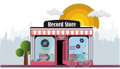 World record store day. Store in flat vector shape .Facade with windows and inside vinyl records and poster of the day celebration ,bicycle, tree and buildings on the background on white background.