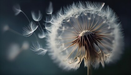 Beautiful white dandelion blown on the wind, dramatic lighting. Photorealistic generative art