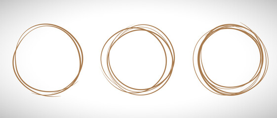 Brown circle line hand drawn set. Highlight hand drawing circle isolated on background. Round handwritten circle. For marking text, note, mark icon, number, marker pen, pencil and text check, vector