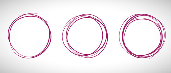 Purple circle line hand drawn set. Highlight hand drawing circle isolated on background. Round handwritten circle. For marking text, note, mark icon, number, marker pen, pencil and text check, vector