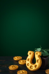 Vertical banner for St. Patrick's Day on green background. Coins, horseshoes, gift box as symbols...