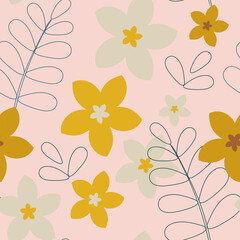 Fototapeta premium Simple decorative yellow and white flowers and leaves on a pink background. Seamless botanical pattern for fashion fabrics. Vector
