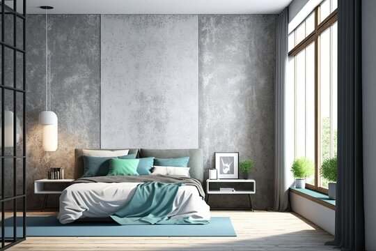 Concrete wall texture background, conceptual bedroom interior design plan. Generative AI
