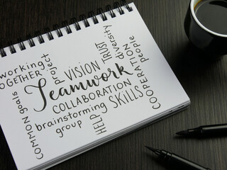 TEAMWORK and related words handwritten in notepad with cup of espresso and pens on desk