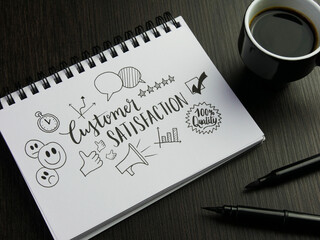 CUSTOMER SATISFACTION concept with icons in notebook with cup of coffee and pens on black wooden...
