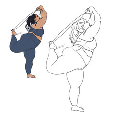 The outline of a full female figure in a tracksuit is engaged. Outline of a silhouette of a large woman in underwear. Bodypositive female body. Vector illustration. Color and contour illustration