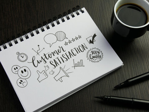 CUSTOMER SATISFACTION concept with icons in notebook with cup of coffee and pens on black wooden desk