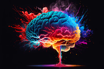 Colorful human brain exploding with knowledge and creativity. Science fantasy concept. Generative AI