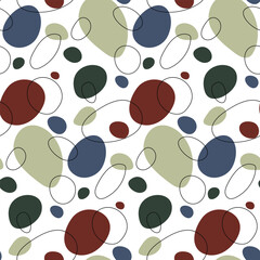 Fashionable seamless pattern with abstract shapes. Hand-drawn simple shapes. Abstract modern vector illustration in bright colors. Juicy shades on a white background. Texture line and stamp spot.