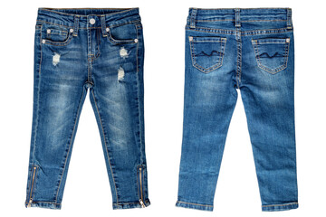Girls jeans isolated. Elegant trendy stylish female blue jeans trousers isolated on a white background. Fashionable denim pants for kids. Front and back view.