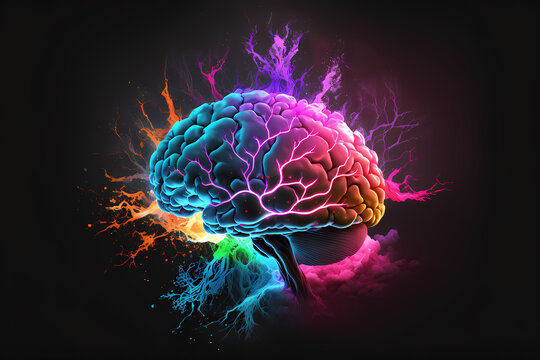 Colorful human brain exploding with knowledge and creativity. Science fantasy concept. Generative AI