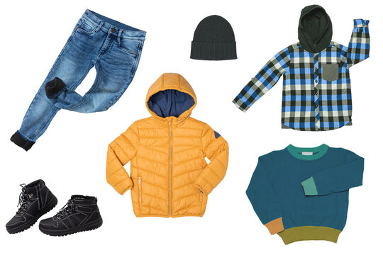 Collage set of boys spring winter clothes isolated. Male kids apparel collection. Child boy fashion clothing outfit. Colorful stylish jeans, sweater, pants, jackets, boots wearing.