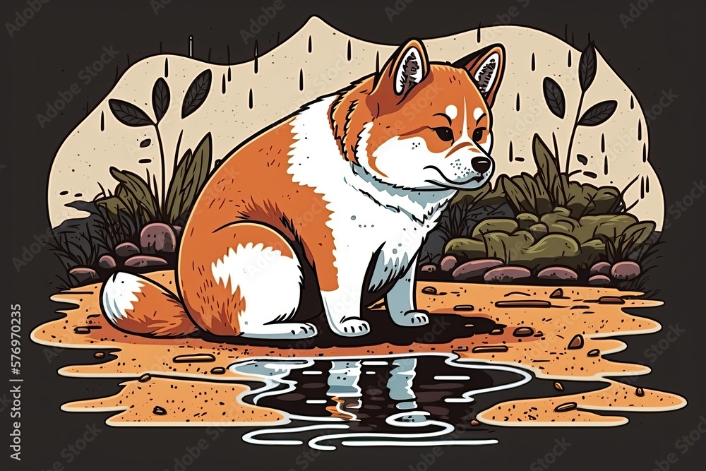 Sticker Cute akita inu pup sitting on the rug next to a puddle at home. Generative AI