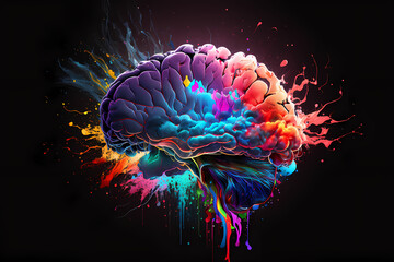 Colorful human brain exploding with knowledge and creativity. Science fantasy concept. Generative AI
