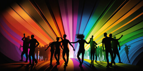 LGBTQ pride festival, people dancing and having fun, rainbow colors flag and lights. Generative AI
