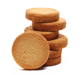 Shortbread biscuits pile, breton style, close up tea pastry with butter isolated on white