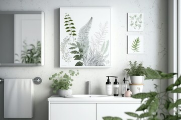 Fototapeta na wymiar A white vanity with trendy decorations sits in a bright, plant filled, white bathroom. Generative AI