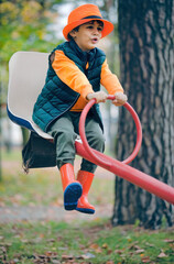 Obraz premium A little boy rides on a swing. Real emotions