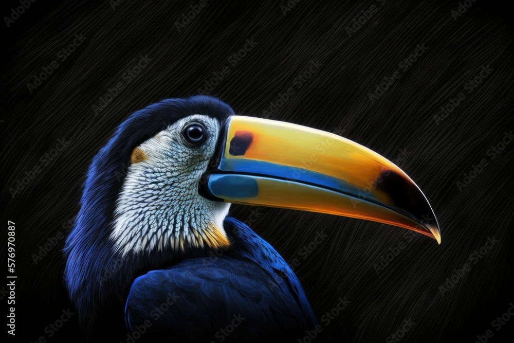 Poster this close up of a toucan bird against a black background is sure to impress. generative ai
