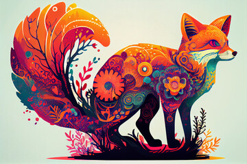 Cute little fox illustration in psychedelic art.