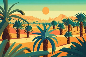 Scene overlooking a date palm grove. This image shows the Middle Eastern region's sophisticated desert agriculture industry. Generative AI
