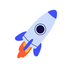 Rocket ship launched to space. Flying cosmos shuttle, rocketship taking off with fire engine. Business booster, startup, future, aim concept. Flat vector illustration isolated on white background © Good Studio