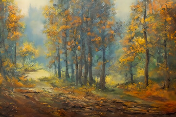 Fototapeta premium Autumn's Beauty in Oils: Vintage Painting of a Colorful Fall Forest