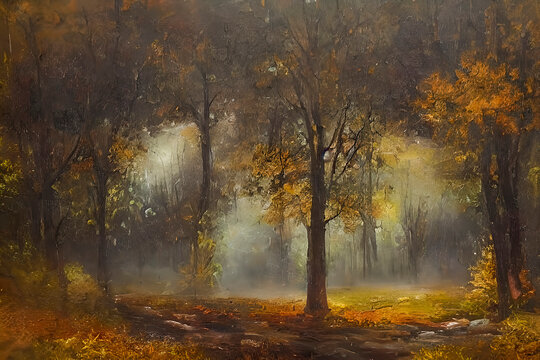 Rustic Charm: Vintage Oil Painting of an Autumn Forest Landscape