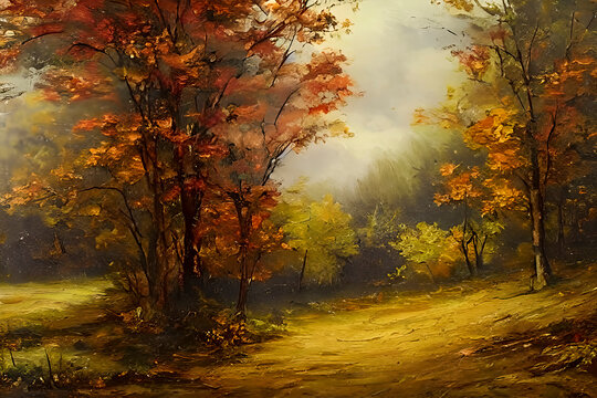 Fall Foliage in Oils: Vintage Painting of an Autumnal Forest