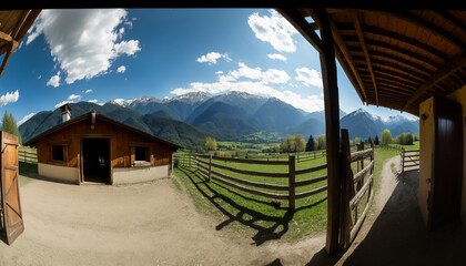 Horse stable with a panoramic view of the stables and the surrounding countryside, showing horses grazing in lush fields and mountains in the distance Generative AI
