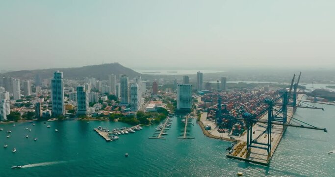 Aerial Shot of the City of cartagena with the port, the city, beach and the ocean in Cartagena, Colombia