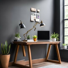 Office desk with lamp, laptop and stationary items, Generative AI