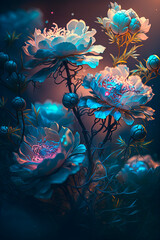 Plakat Light effects under the spectrum of beautiful light baby blue peony flowers. Generative AI
